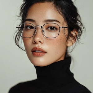 May include: Thin-rimmed, dark metal eyeglasses with a rounded rectangular frame shape. The glasses feature a bridge and adjustable nose pads, resting on a face with visible freckles and dark hair styled in a loose, textured updo with a black turtleneck.