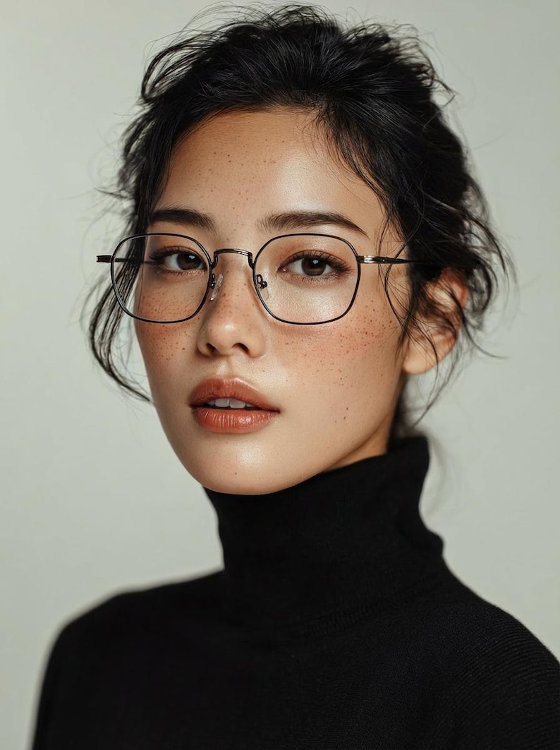 May include: Thin-rimmed, dark metal eyeglasses with a rounded rectangular frame shape. The glasses feature a bridge and adjustable nose pads, resting on a face with visible freckles and dark hair styled in a loose, textured updo with a black turtleneck.