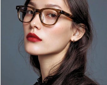 Brown Acetate Eyeglasses, Classic Square Frame, Lightweight Everyday Glasses, Unisex Korean Style Optical Frame