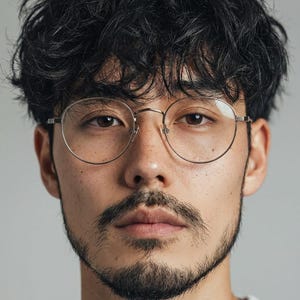 Puede incluir: Retrato de primer plano de una persona con cabello oscuro y rizado y una barba y bigote bien cuidados. Lleva gafas redondas con montura fina. El fondo es de color neutro.
