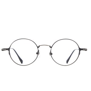 May include: Round eyeglasses featuring a thin, dark metallic frame with a bridge connecting the circular lenses. The temples are slender and extend outward from the sides, ending in curved tips. The design is simple, focusing on the circular shape.