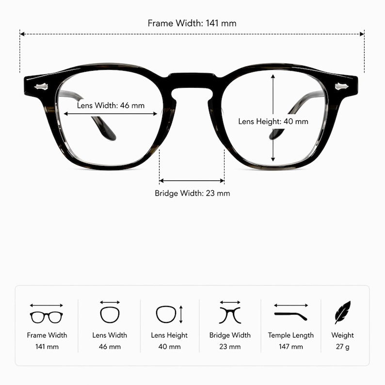 May include: Black eyeglasses with a frame width of 141 mm, lens width of 46 mm, lens height of 40 mm, and bridge width of 23 mm. The temple length is 147 mm, and the weight is 27 g. The glasses have a classic, rounded shape.