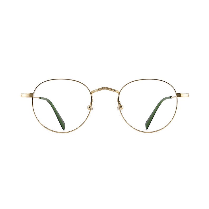 May include: Gold-rimmed eyeglasses with a classic round shape. The frames have a delicate, thin design, and the temples are a dark green color. The glasses are set against a plain white background.