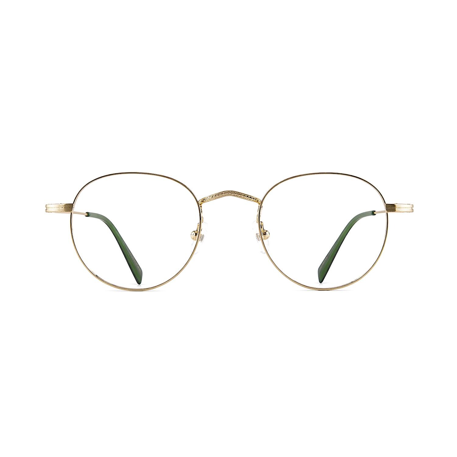 Minimalist Gold Round Eyeglasses with Green Tips | Lightweight Stainless Steel Korean Design — view 2