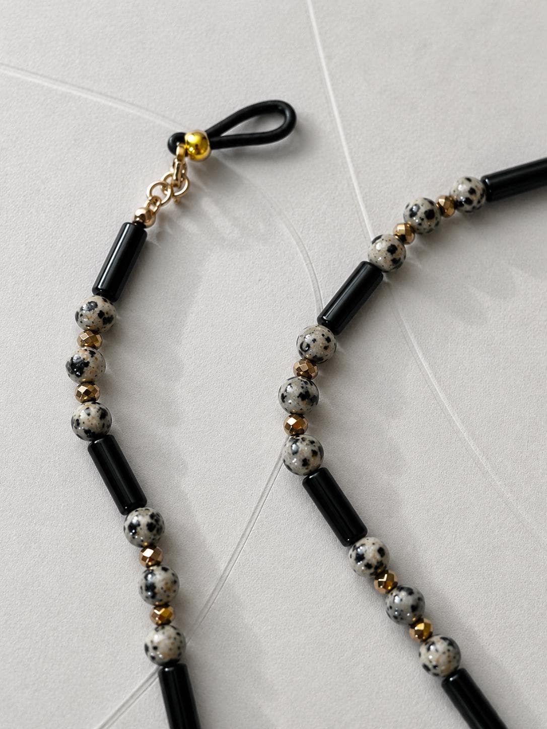 Dalmatian Jasper Eyewear Chain | Natural Gemstone Glasses Chain | Black Onyx & Gold Accent Sunglasses Holder | Handmade Eyeglass Necklace — view 3