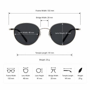 May include: Silver-framed sunglasses with dark lenses. The image provides measurements: 13.3 cm frame width, 4.8 cm lens width, 4.1 cm lens height, 2 cm bridge width, and 14.1 cm temple length. The sunglasses weigh 20 grams.