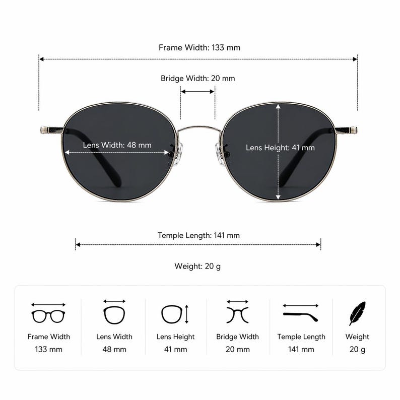 May include: Silver-framed sunglasses with dark lenses. The image provides measurements: 13.3 cm frame width, 4.8 cm lens width, 4.1 cm lens height, 2 cm bridge width, and 14.1 cm temple length. The sunglasses weigh 20 grams.