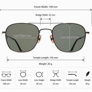 May include: Dark-rimmed sunglasses with green-tinted lenses and a double bridge. Dimensions include a 148 mm frame width, 54 mm lens width, 45 mm lens height, 22 mm bridge width, 145 mm temple length, and a total weight of 20 grams as labeled.