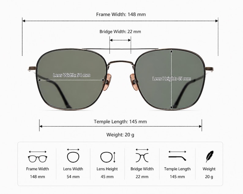 May include: Dark-rimmed sunglasses with green-tinted lenses and a double bridge. Dimensions include a 148 mm frame width, 54 mm lens width, 45 mm lens height, 22 mm bridge width, 145 mm temple length, and a total weight of 20 grams as labeled.
