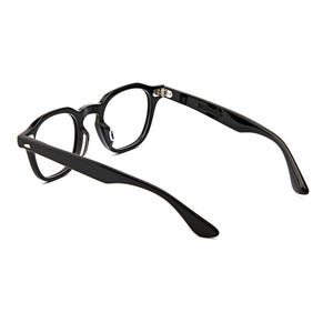 May include: Black eyeglasses with a glossy finish, featuring a rounded frame shape and thin temples. The glasses are shown from a rear-facing angle, highlighting the hinges and the smooth, curved design of the frame and arms against a white background.