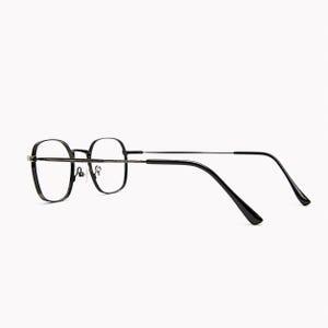 May include: A pair of eyeglasses with thin, dark-toned metal frames and a rounded square shape. The glasses feature adjustable nose pads, slender temples, and curved black plastic tips at the ends of the arms for a secure fit behind the ears.