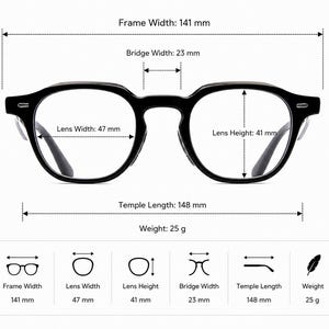 May include: Black eyeglasses with a frame width of 141 mm, bridge width of 23 mm, lens width of 47 mm, and lens height of 41 mm. The temple length is 148 mm and the total weight is 25 g. The image includes a technical diagram with these measurements.