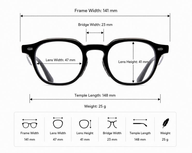 May include: Black eyeglasses with a frame width of 141 mm, bridge width of 23 mm, lens width of 47 mm, and lens height of 41 mm. The temple length is 148 mm and the total weight is 25 g. The image includes a technical diagram with these measurements.