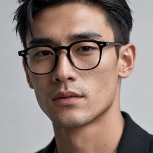 May include: Black-framed eyeglasses with a rounded rectangular shape and a keyhole bridge. The frames feature a glossy finish with small silver-toned metal rivets on the outer corners of the front piece, providing a clear view of the lenses.
