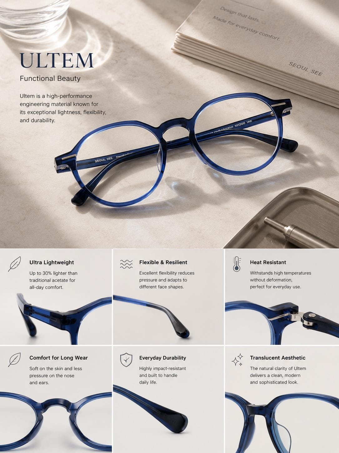 Everyday Lightweight Eyeglasses | Minimalist Korean Design Asian Fit | Ultem transparent blue Frame — view 8