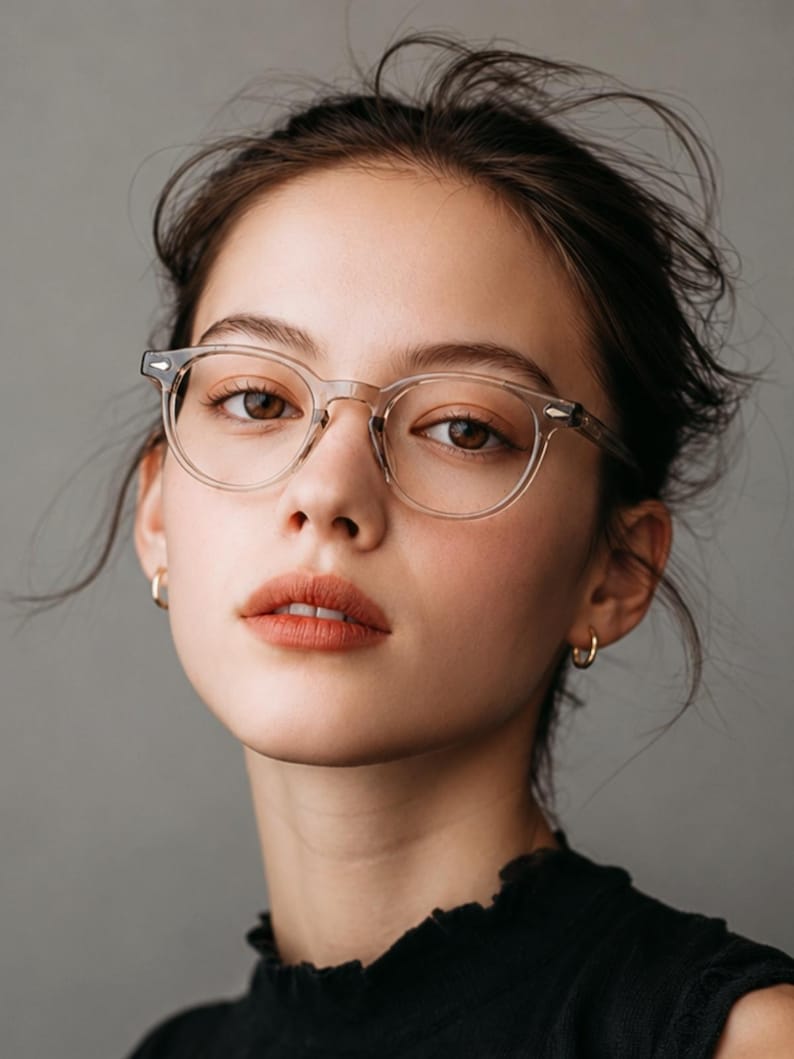 May include: A close-up portrait of a person wearing clear-framed eyeglasses and small gold hoop earrings. The person has brown eyes and light skin. The background is a solid gray.