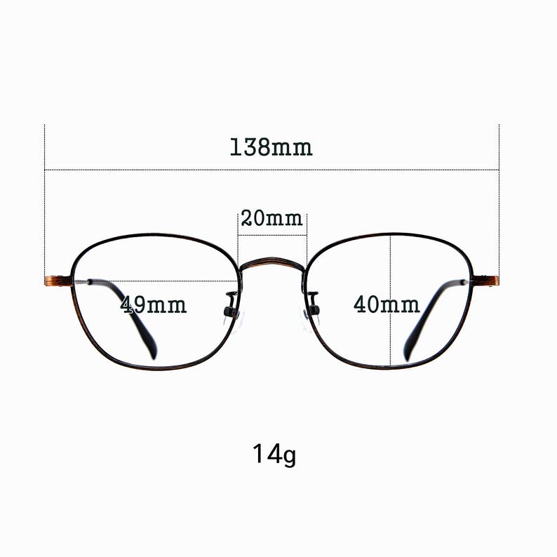 May include: Oval-shaped spectacles with a dark brown frame. The glasses measure 13.8cm wide, with individual lens widths of 4.9cm and 4cm. The bridge width is 2cm, and the glasses weigh 14g.