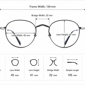 May include: Black metal eyeglasses with round frames. Dimensions include a 134 mm frame width, 45 mm lens width, 41 mm lens height, 22 mm bridge width, and 145 mm temple length. The glasses weigh 13 grams. The image displays these measurements clearly.