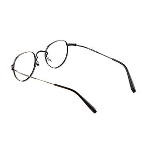 May include: Black metal eyeglasses with thin, circular frames and slender temples. The glasses feature clear lenses, a bridge with nose pads, and black plastic temple tips. The inner side of the temple is marked with text including the brand name.