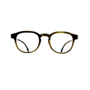 May include: A pair of eyeglasses with a rounded, olive-green frame featuring a subtle gradient effect. The glasses have clear lenses and a bridge connecting the two circular rims, with thin, dark-colored temple arms visible on the sides.