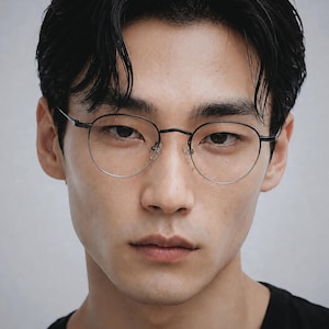 May include: A pair of eyeglasses featuring thin, dark metal frames with a rounded, oval-shaped lens design. The glasses include a slim bridge and adjustable nose pads, providing a lightweight and understated appearance for the wearer's face.
