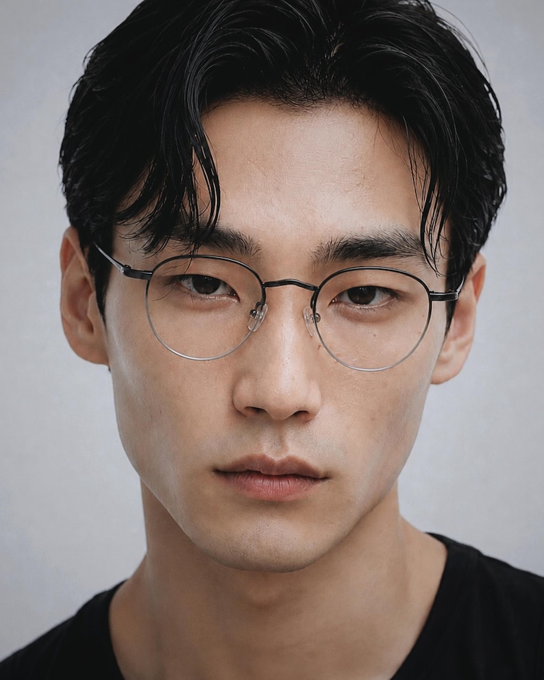 May include: A pair of eyeglasses featuring thin, dark metal frames with a rounded, oval-shaped lens design. The glasses include a slim bridge and adjustable nose pads, providing a lightweight and understated appearance for the wearer's face.