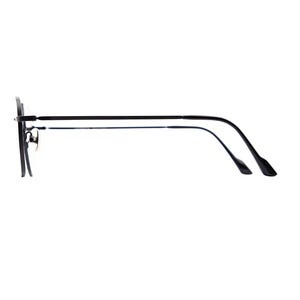 May include: A pair of black eyeglasses shown from a side profile view. The frames feature thin, dark metal temples that curve downward at the ends, with a visible bridge and nose pads attached to the front circular rims of the eyewear.
