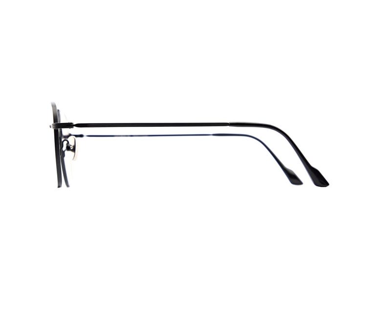 May include: A pair of black eyeglasses shown from a side profile view. The frames feature thin, dark metal temples that curve downward at the ends, with a visible bridge and nose pads attached to the front circular rims of the eyewear.