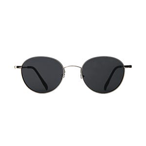 May include: Oval sunglasses featuring dark lenses and a silver metal frame. The design is classic and versatile. The dark lenses offer protection from sunlight. The frame is a thin, silver metal. The sunglasses are suitable for various styles.