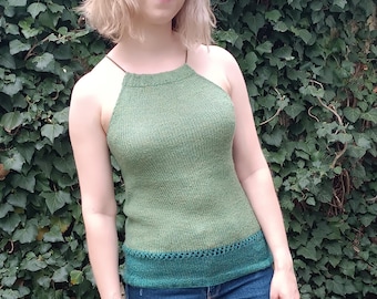 Grün- & petrolfarbenes, handgestricktes Neckholder-Top aus Alpaka-Garn - Secondhand