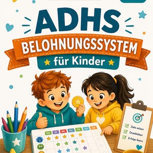Könnte beinhalten: Eine farbenfrohe Illustration für ein Kinder-Belohnungssystem. Das Bild zeigt zwei lächelnde Kinder, eine Belohnungstafel und den Text "ADHS Belohnungssystem für Kinder". Stifte, Sterne und eine Trophäe sind ebenfalls zu sehen.