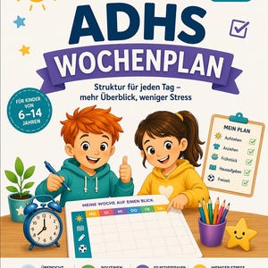 以下が含まれることがあります： ADHDの6〜14歳の子供向けのイラスト付き週間プランナー。2人の漫画の子供、時計、星のキャラクターが描かれています。プランナーには、毎日のルーチンと目標のセクションが含まれています。