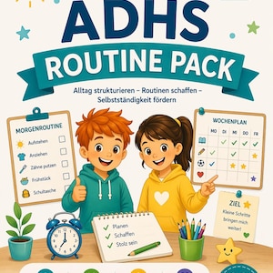 Könnte beinhalten: Illustrierte Titelseite für ein "ADHS Routine Pack" für Kinder. Das Bild zeigt zwei Cartoon-Kinder, einen Jungen und ein Mädchen, mit Checklisten, einem Wochenplaner und einem Notizblock. Der Text enthält "Digitaler Download" und "38 Seiten".