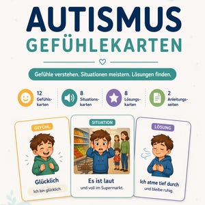 Könnte beinhalten: Lehrkarten für Kinder mit Autismus. Die Karten zeigen Illustrationen von Gefühlen, Situationen und Lösungen. Die Karten sollen Kindern helfen, ihre Emotionen zu verstehen und zu bewältigen. Der Text auf den Karten ist auf Deutsch.