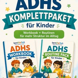 Puede incluir: Un paquete educativo para niños, con dos libros titulados "ADHS WORKBOOK" y "ADHS ROUTINE PACK". La imagen incluye texto en alemán e ilustraciones de dibujos animados. El paquete se titula "ADHS KOMPLETTPAKET".