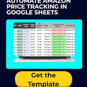 Puede incluir: Gráfico digital que promociona Amazon Price Tracker Pro. La imagen muestra una hoja de cálculo con precios y funciones de Amazon en tiempo real. El texto incluye "Obtén la plantilla", "Precios en tiempo real" y "Rastrea hasta 1,000 ASINs diarios."