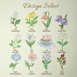 Puede incluir: Una tabla Design Select con doce motivos de flores bordadas que representan cada mes: Campanilla de invierno, Forsythia, Campanula, Guisante de olor, Camelia, Lirio, Nenúfar, Hortensia, Don Diego de día, Cosmos, Paniculata y Acebo con etiquetas.