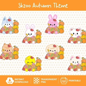 Puede incluir: Una hoja gráfica digital titulada Skzoo Autumn Theme que presenta ocho personajes animales de dibujos animados en montones de hojas de otoño coloridas con calabazas naranjas. El fondo es blanco con puntos naranjas.