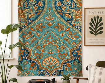 Ornate Paisley Floral Tapestry, Traditional Persian Wall Hanging, Vibrant Blue Orange Art Decor, Bohemian Home Decor, Rich Color Paisley Art