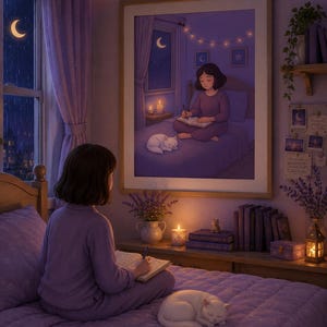 Könnte beinhalten: Eine gemütliche Schlafzimmerszene in Lilatönen. Eine Person sitzt auf einem Bett und schreibt in ein Notizbuch, mit einer schlafenden weißen Katze in der Nähe. Ein gerahmtes Bild an der Wand spiegelt die Szene wider. Der Raum wird von sanften Lichtern und einem Mond beleuchtet.