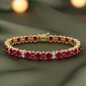 Ovaal geslepen roze robijn en diamant dames verloving bruiloft mooie tennisarmband in 14 kt geelgoud verguld 925 sterlingzilver