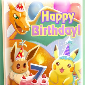Carte d'anniversaire personnalisable Pikachu Charizard Eevee
