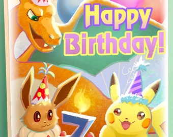 Customizable Pikachu Charizard Eevee Birthday Card