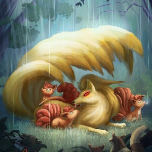 Ninetales and Vupix, &quot;Rainy Day&quot; Art Print