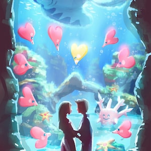 May include: A digital painting of a couple standing in front of an aquarium. The aquarium is filled with blue water and pink heart-shaped fish. The couple is silhouetted against the water and the fish. There is a yellow heart-shaped fish in the center of the aquarium. The text "powers3d.com" is at the bottom left of the image. The text "Dairi 2019" is at the bottom right of the image.