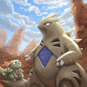 Tyranitar and Larvitar Art Print