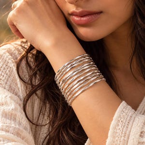 Minimalist Bracelet 10-Piece Silver Bangle Set, Stackable Layered Boho Jewelry