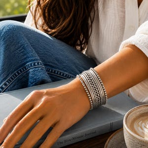925 Sterling Silver Twisted Bangles Set, Hammered Stack Bracelet, Layered Jewelry