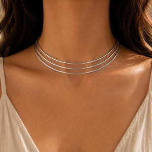 925 Sterling Silver Layered Choker Necklace, Multi Strand Collar, Minimalist Women's Statement Jewelry