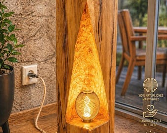 Luminária de madeira maciça, feita à mão – “Luminária rústica de LED com luz quente”